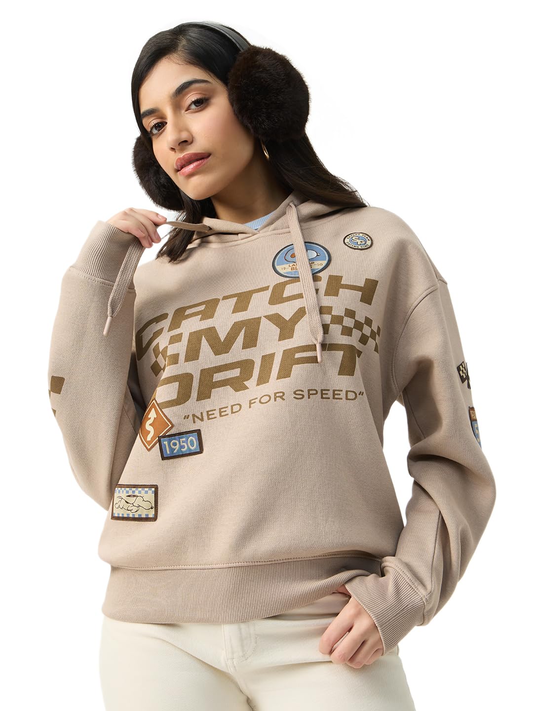the souled store Peanuts: Catch My Drift Women and Girls Long Sleeve Hooded Neck Beige Graphic Printed Cotton Blend Oversized Fit Premium Heavy Fleece Oversized Hoodie-picture-35