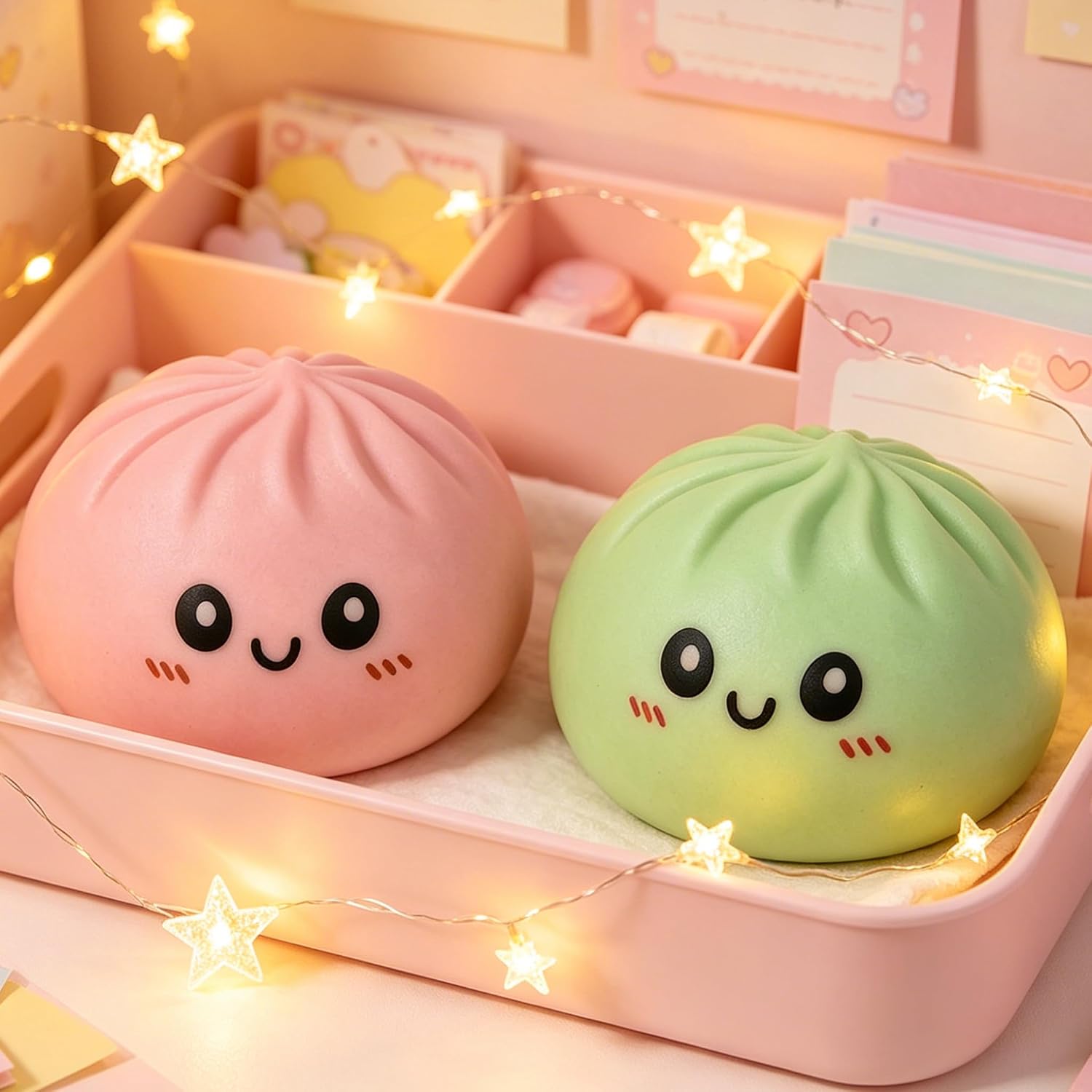 Light Pink and Green Dumpling Squishies New Mystery Squishies Dumpling with Box Stress Relief Balls Sensory Toys Desk Squeeze Toys Gift(2PCS)