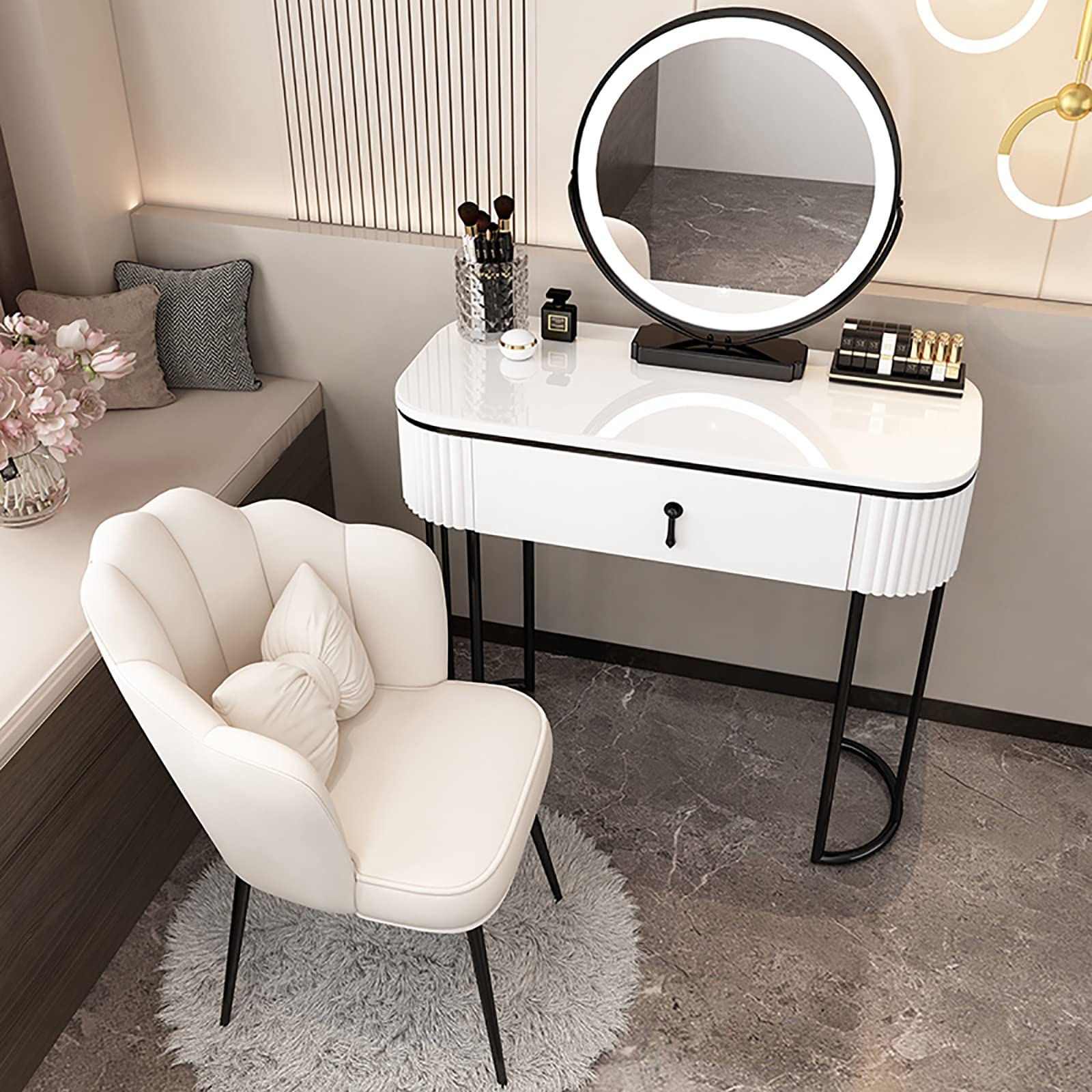 asdchZen Lighted Vanity Desk With Adjustable Brightness-Luxury Makeup Table With 3 Color Modes 2 Drawers 80Cm For Elegant Makeup Experience,G-80cm
