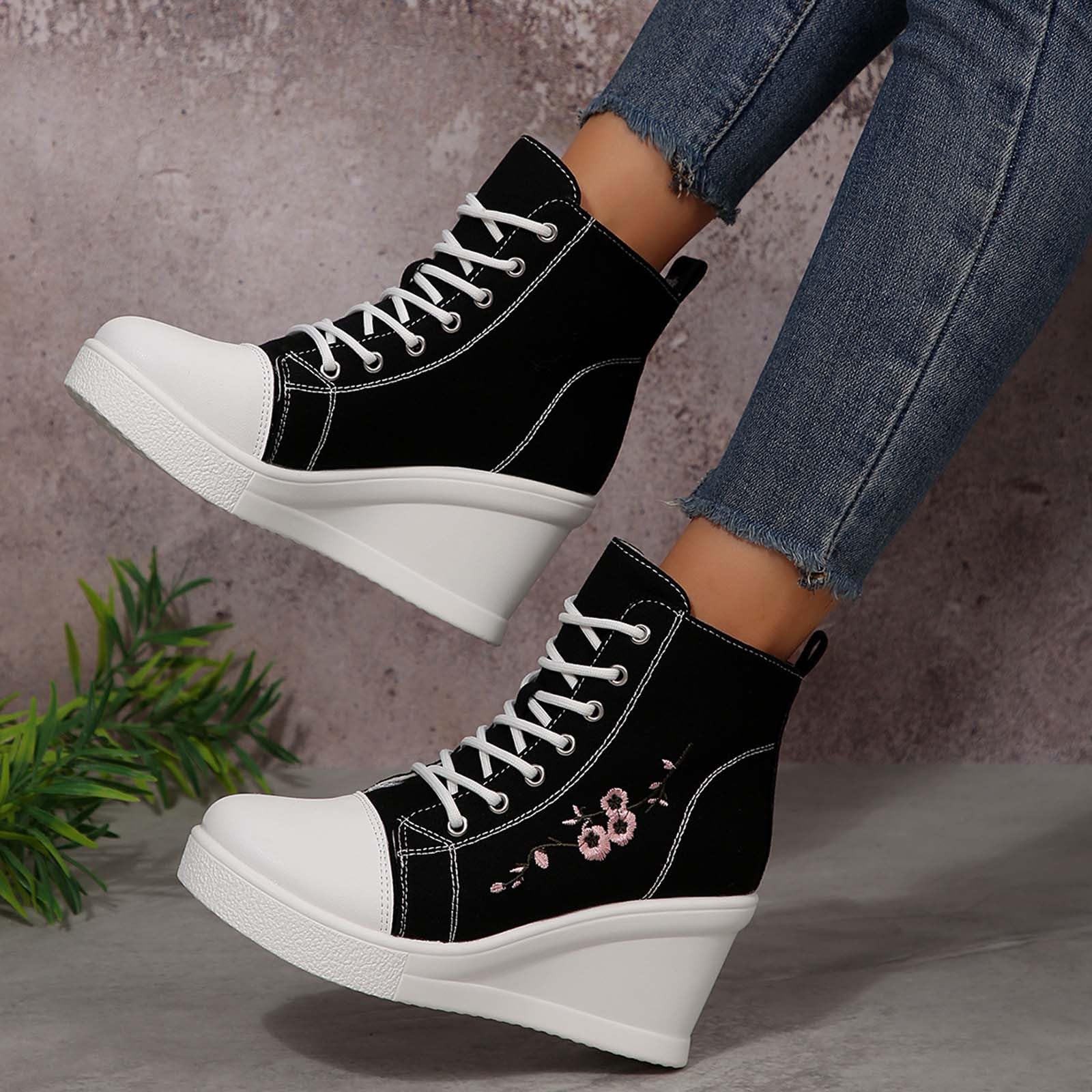 Scarpe da ginnastica in tela da donna e uomo, con lacci, stile vintage, con tacco spesso 8 cm, ricamo floreale, con zeppa
