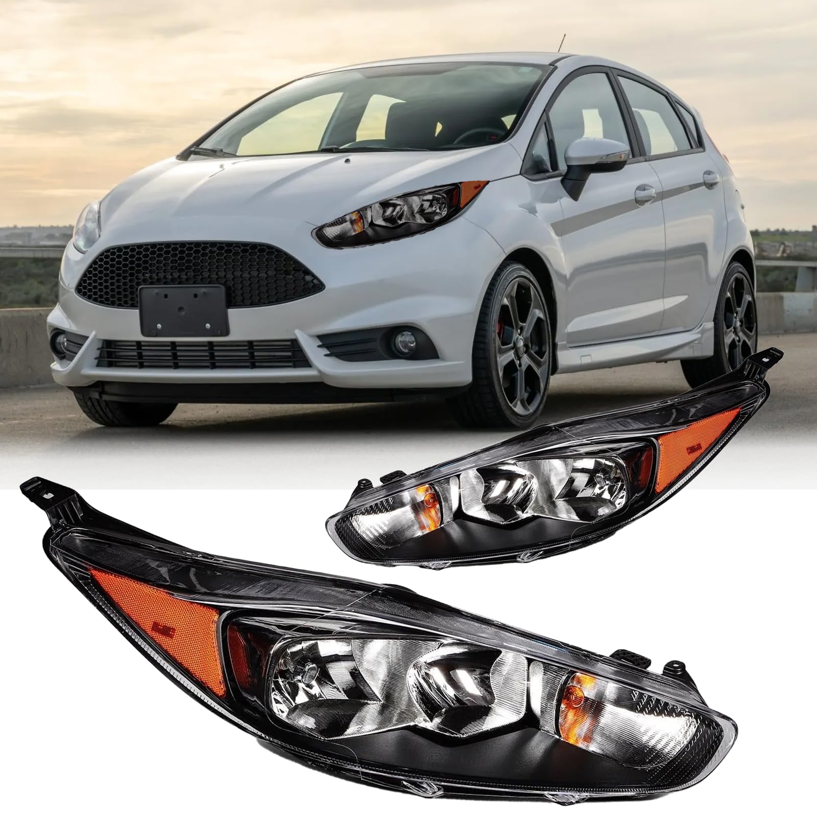 Photo 1 of XuChenKJ Headlights Assembly Compatible with 2014-2019 Ford Fiesta S SE ST Sedan Halogen Headlights Replacement Headlamps Chrome Housing Amber Reflector (Black)