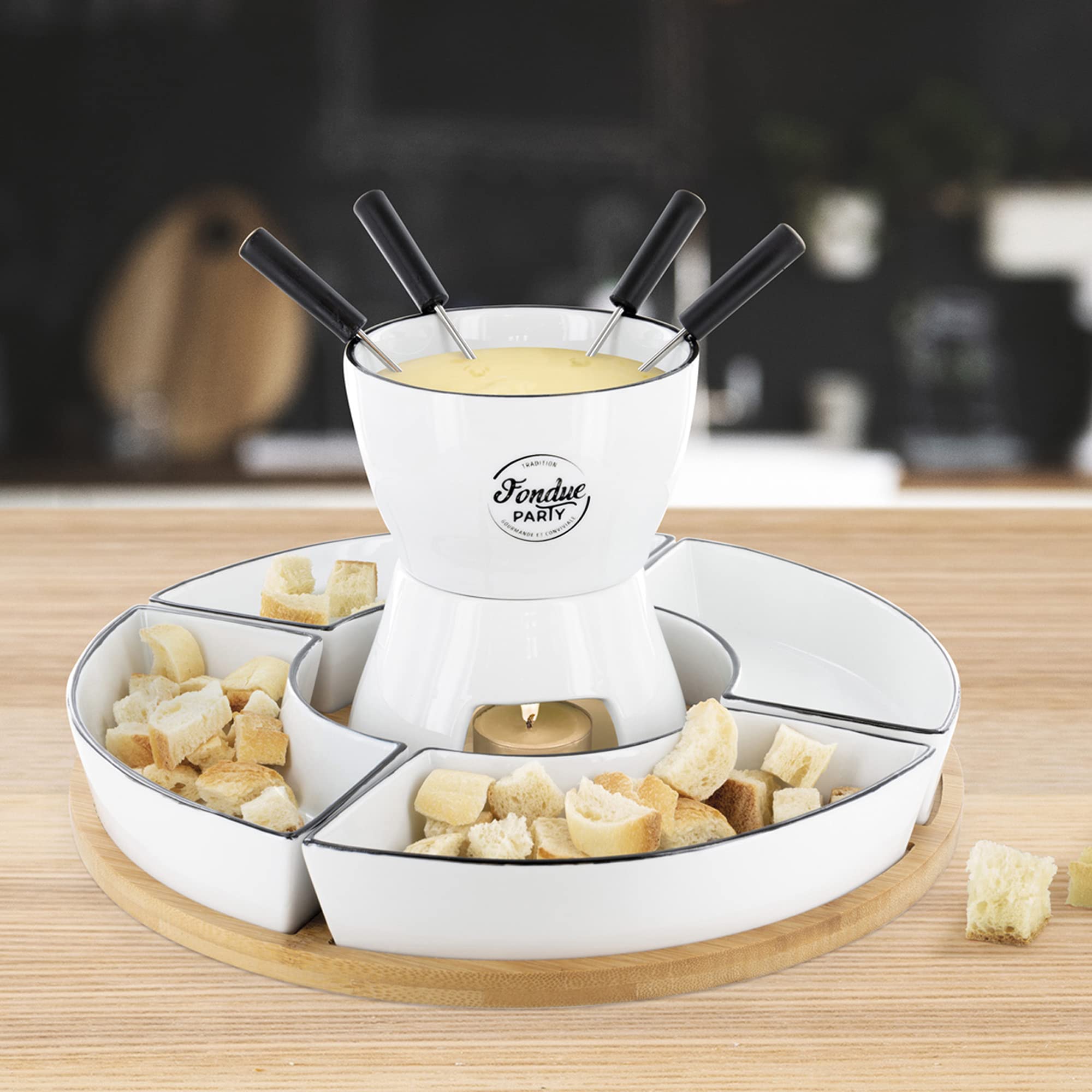 COOK CONCEPT - KA4602 Coffret à Fondue avec Support en Bambou et Coupelles - Conçu pour Repas Conviviaux - Dimensions 19 x 30 x 30 cm - Couleur Blanche