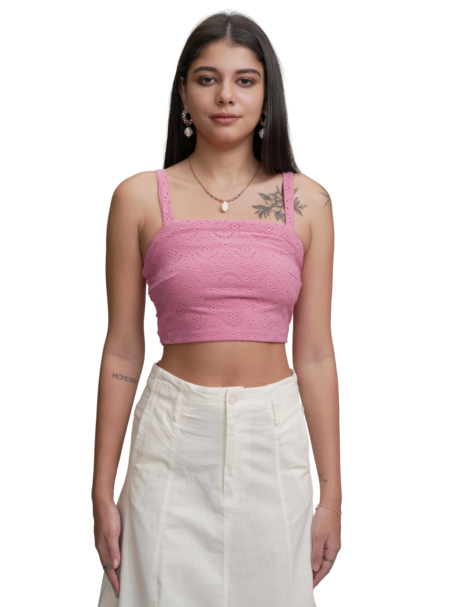 tokyo talkies Women's Schiffli Shoulder Strap Crop Top | Fitted & Chic | Perfect for Summer & Casual Outings | Tops for Woman | Women Tops | Women Crop Top-picture-29