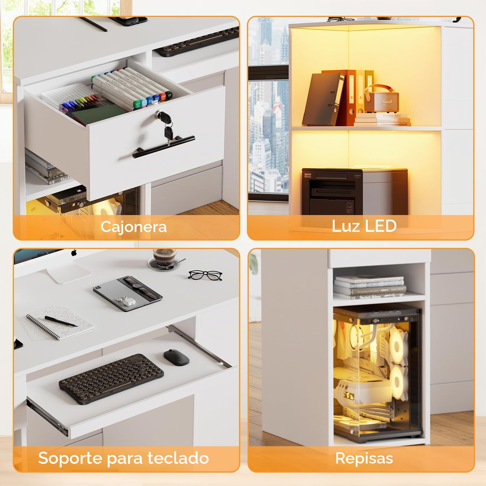 Mesita de recepción con iluminación LED, mostrador de recepción con cajones con cerradura, estante de exposición y bandeja para teclado, mesa de recepción moderna para salón, tienda, hotel, oficina