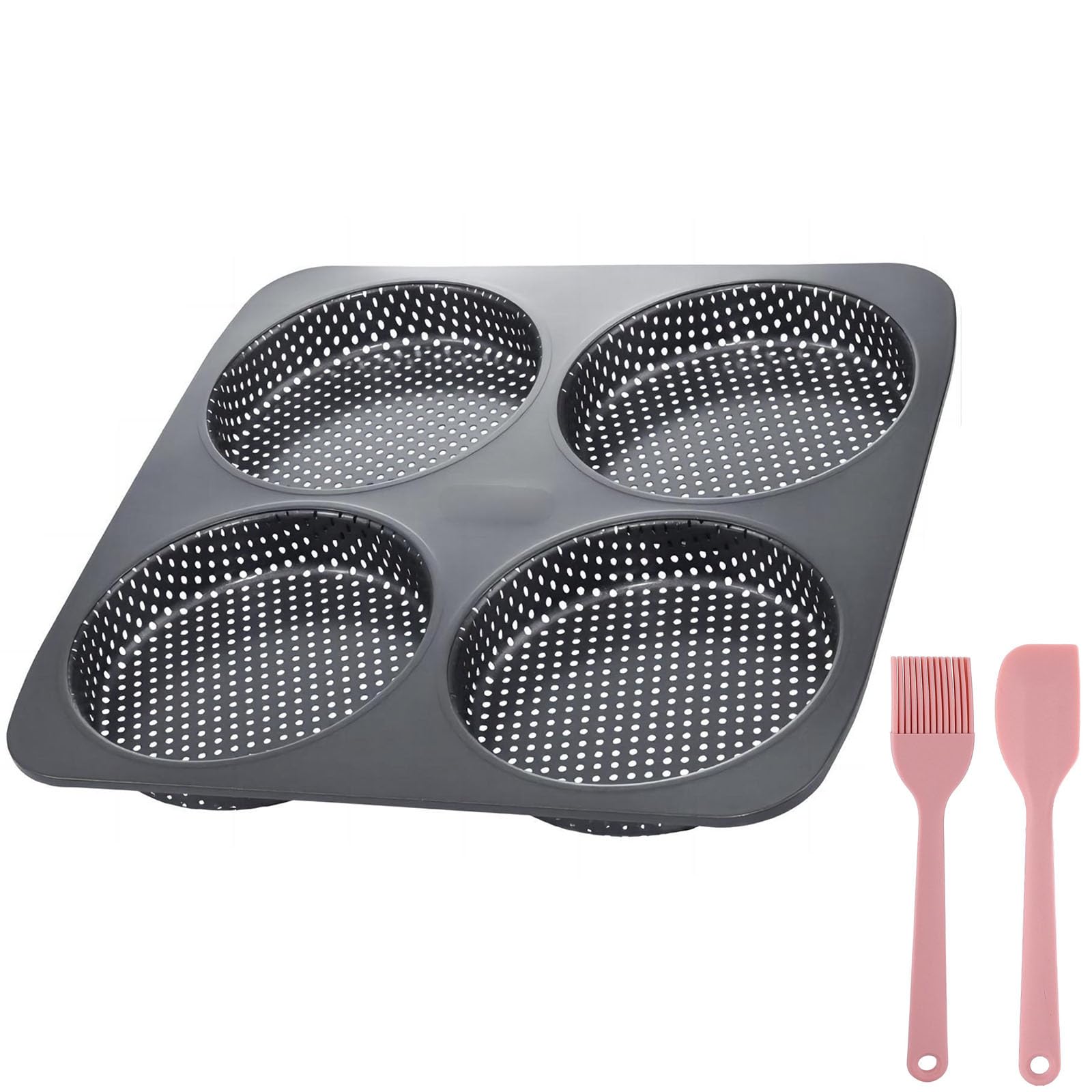 Large Hamburger Bun Pan, 5 Inch Perforated Commercial Non-Stick Carbon Steel Baking Mold, 4-Cavity Big Baking Pan for Homemade Hamburger Buns Meat Pie Bread Mini Pizza