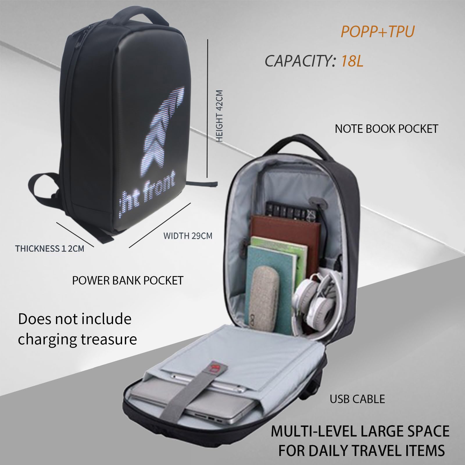 Mochila LED de alimentación USB para desplazamientos, pantalla de viaje, tela ergonómica, reflectante, espaciosa, interior impermeable, mochila LED para laptop, personalizable