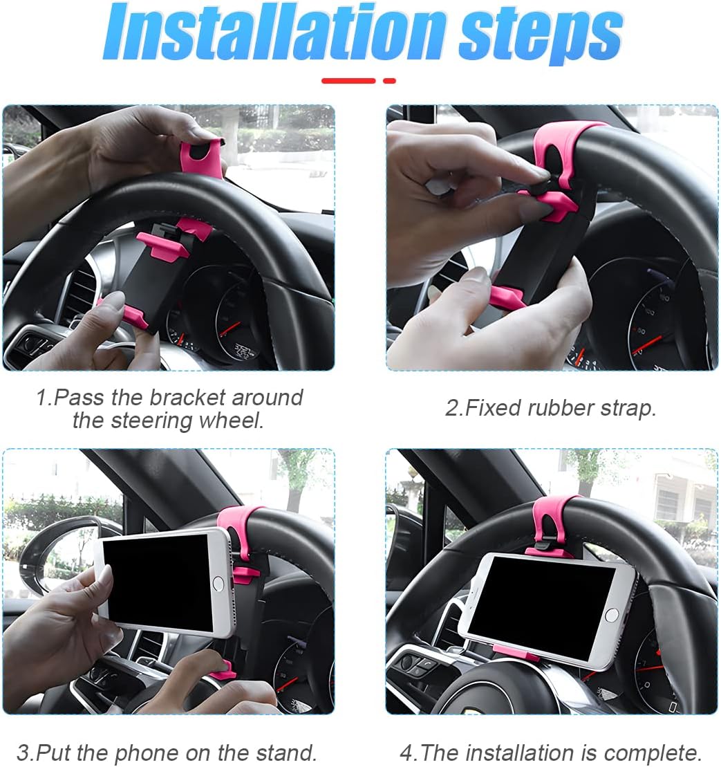 Cell Phone Holder for Car, Steering Wheel Hanging Buckle Type Retractable Phone Holder, Universal for iPhone 13/12 Pro, Pro Max, XS, Samsung, More Devices, Suitable for All Vehicles (Pink)