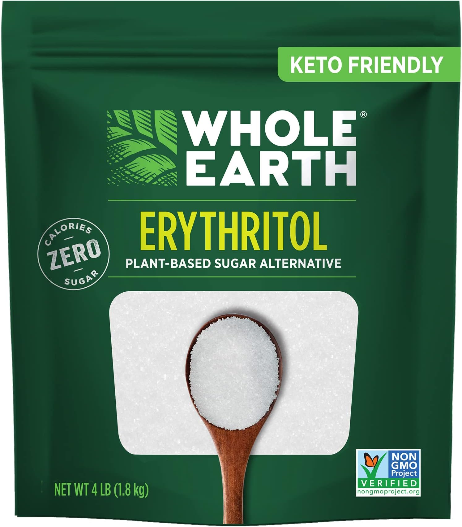 WHOLE EARTH 100% Erythritol Zero Calorie Plant-Based Sugar Alternative, 4 Pound Pouch (Packaging May Vary )