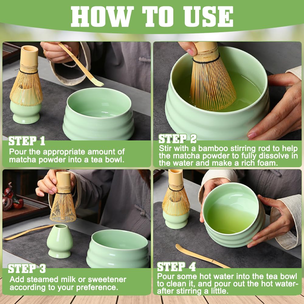 Thé Matcha Kit Matcha Complet 4 Pièces - Bol, Fouet, Porte-Fouet, Cuillère - Céramique - Cérémonie Du Thé Japonaise Te Matcha