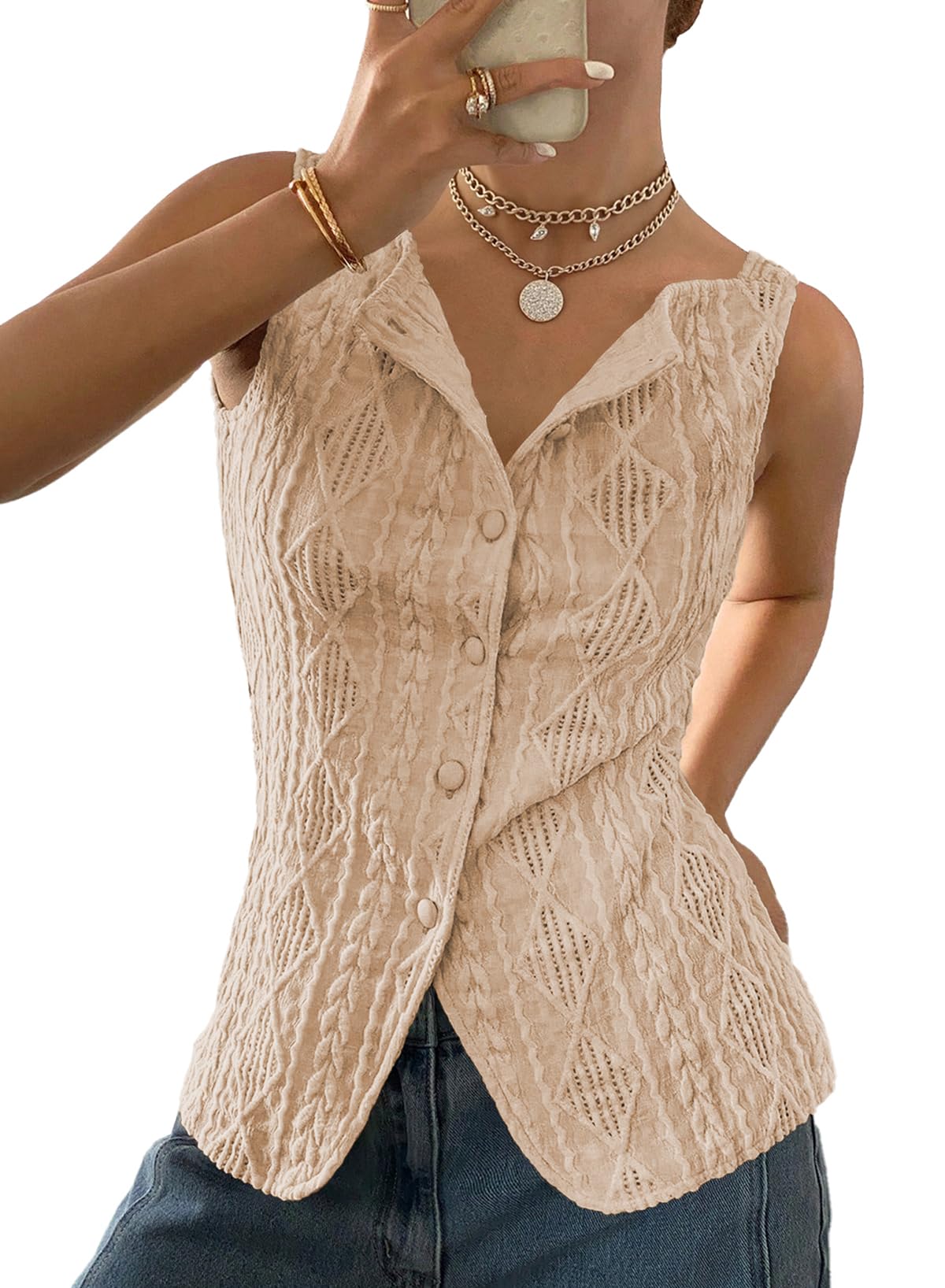 BLENCOT Womens Vest Top Slim Fitted Button Down Knit Vests Stretchy Textured Jacquard Going Out Tops