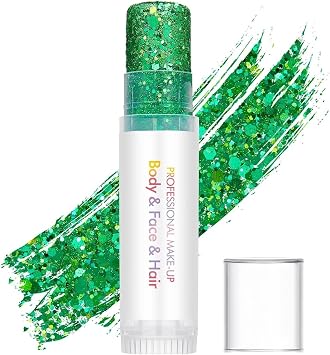 Green Face and Body Glitter Stick,Sparkling Neon Outfit Party Holographic Sequins Paint Mardi Gras Accessories Face and Hair Glitter Gel Makeup.