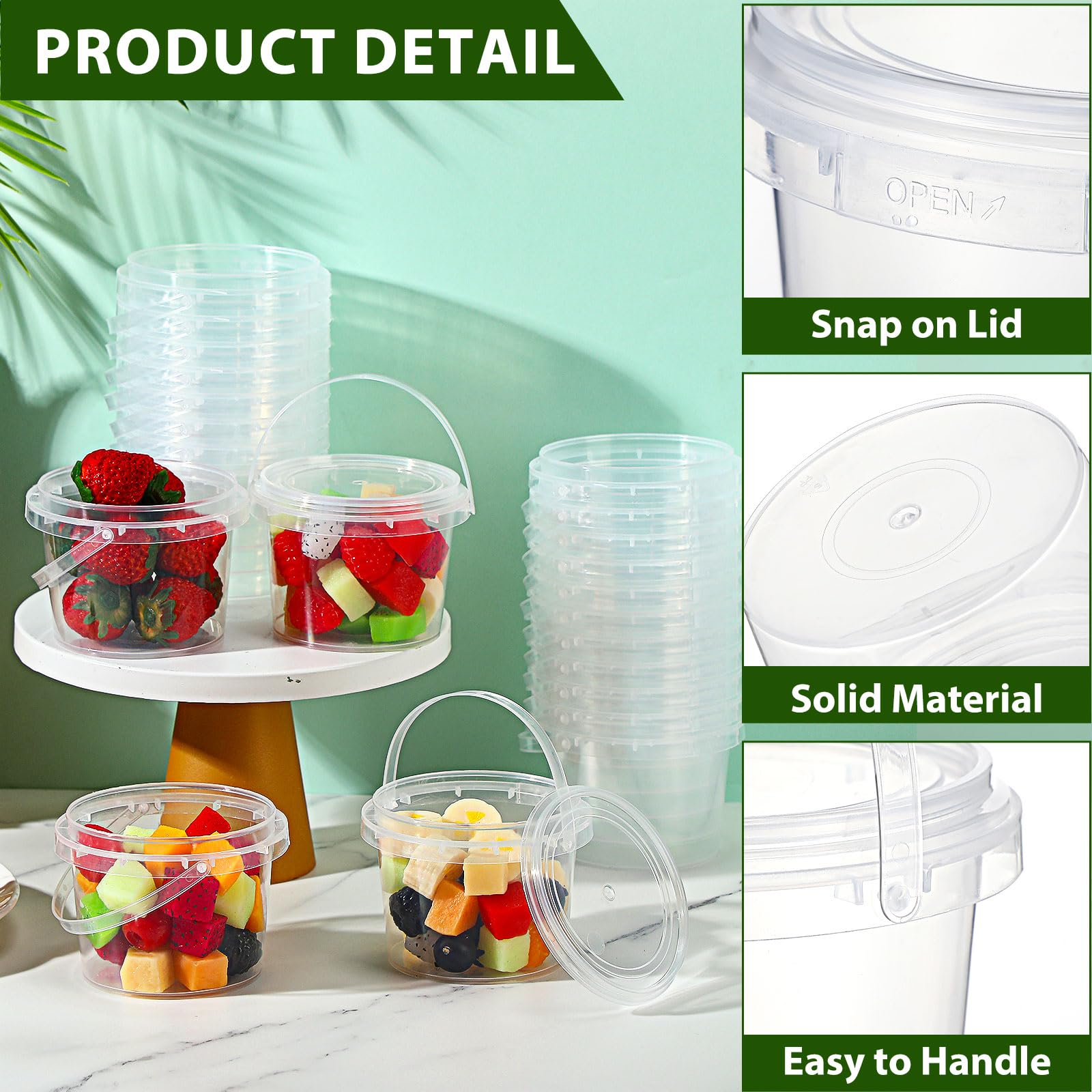 Mifoci 50 cubos de plástico transparente para alimentos, redondos, reutilizables, con tapas y asas, herméticos, de plástico transparente, congelador, cubo reutilizable para cocina, bebidas y hogar (8
