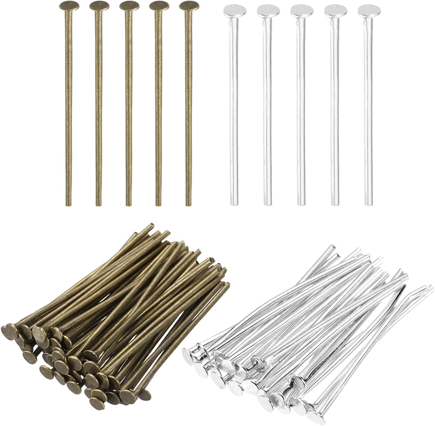 PATIKIL 1 Inch Flat Head Pins, Jewelry Making Headpins Straight Pins Findings Bendable for DIY Craft Bracelet Necklace Earring Pendant Making Supplies-400Pcs(Silver Bronze)