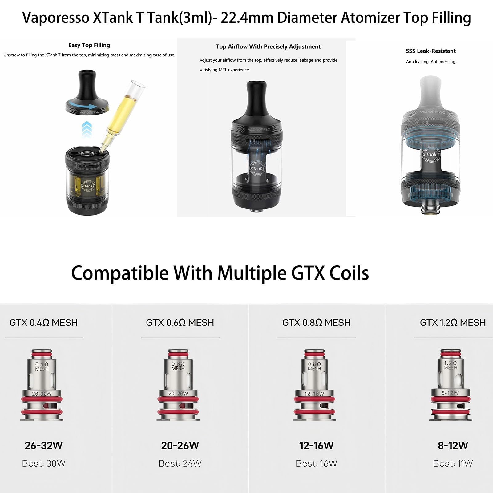 Vaporesso GTX One Pro Mod Kit con batteria integrata 3000mAh, atomizzatore XTank T da 3ml (ricarica dall'alto) compatibile con resistenze GTX (0.6Ω/1.2Ω) - Senza nicotina (Nero)