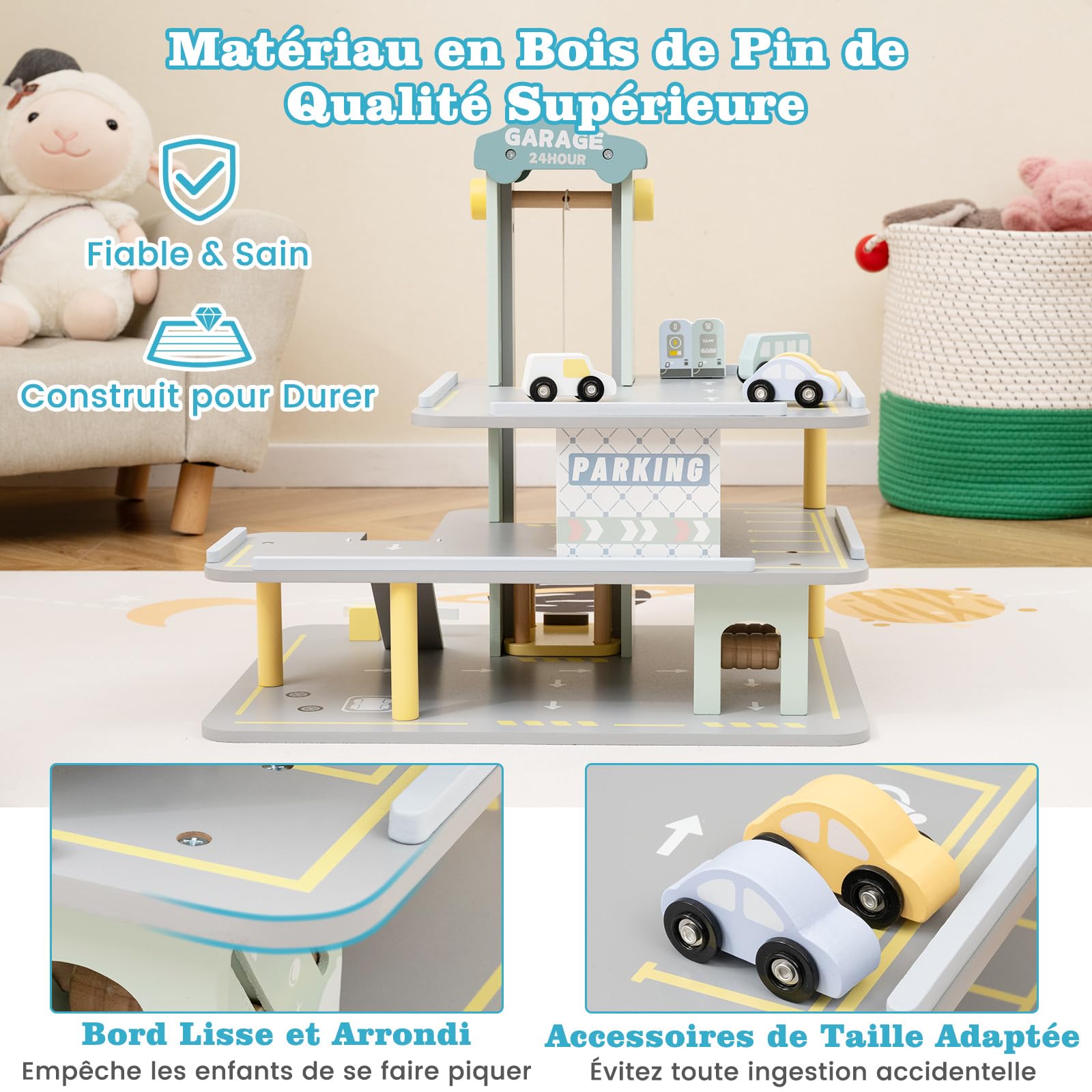 COSTWAY Garage en Bois à 3 Niveaux Enfants avec 4 Voitures & 1 Hélicoptère, Garage de Stationnement avec Ascenseur Amovible, Station-Service & Héliport, Jeu d'Imitation pour Enfant de 3 Ans+