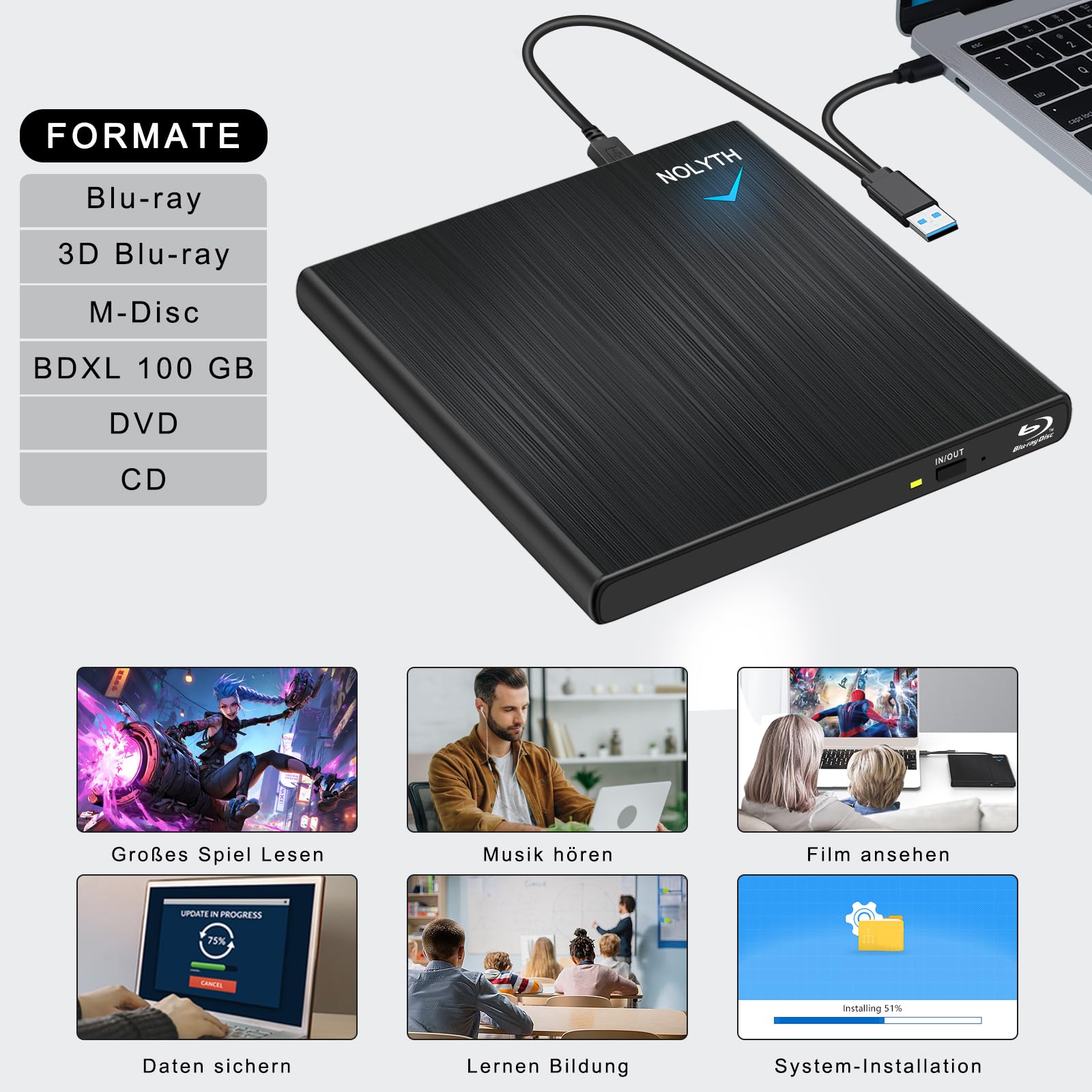 Bluray Laufwerk Extern, Externes Blu Ray Laufwerk Bluray Brenner Extern mit 1 Audio 2 USB Slots, USB C Externe Blu-ray Laufwerke Bluray Player für Laptop Mac PC Windows MacBook