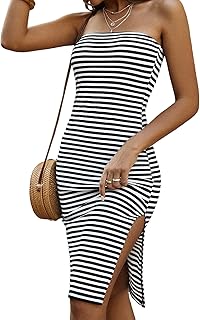 Women's Strapless Tube Dresses Casual Summer Sun Dress Split Thigh Bodycon Midi Dresses - Buy now