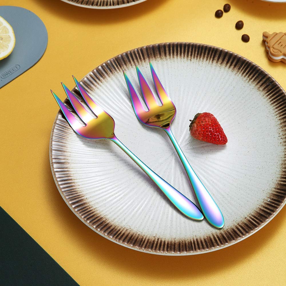 Rainbow Serving Utensils Set Stainless Steel, 15pcs Large Metal Serveware Serving Spoons, Slotted Spoons, Forks, Tongs, Soup And Skimmer Spoon, Cake