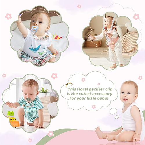 Miniatura 5 de Paquete de 2 clips trenzados para chupete para niños y niñas bebés, macramé con margaritas para bebé, correa hecha a mano estilo bohemio para el