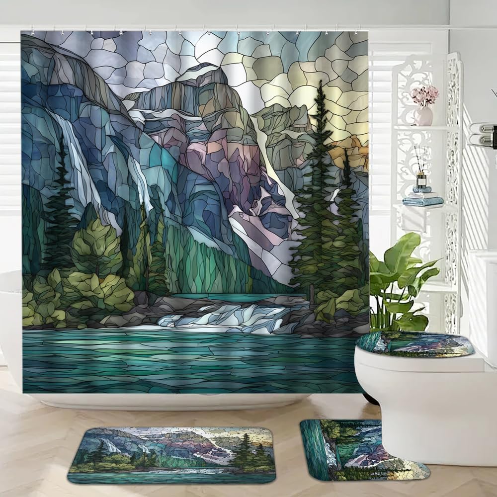 Abstract Waterfall Landscape 4-Piece Waterproof Shower Curtain Set with Non-Slip Rug, Bath Mat and Toilet Lid Cover, Includes 12 Hooks, River Snow Mountain Bathroom Decor