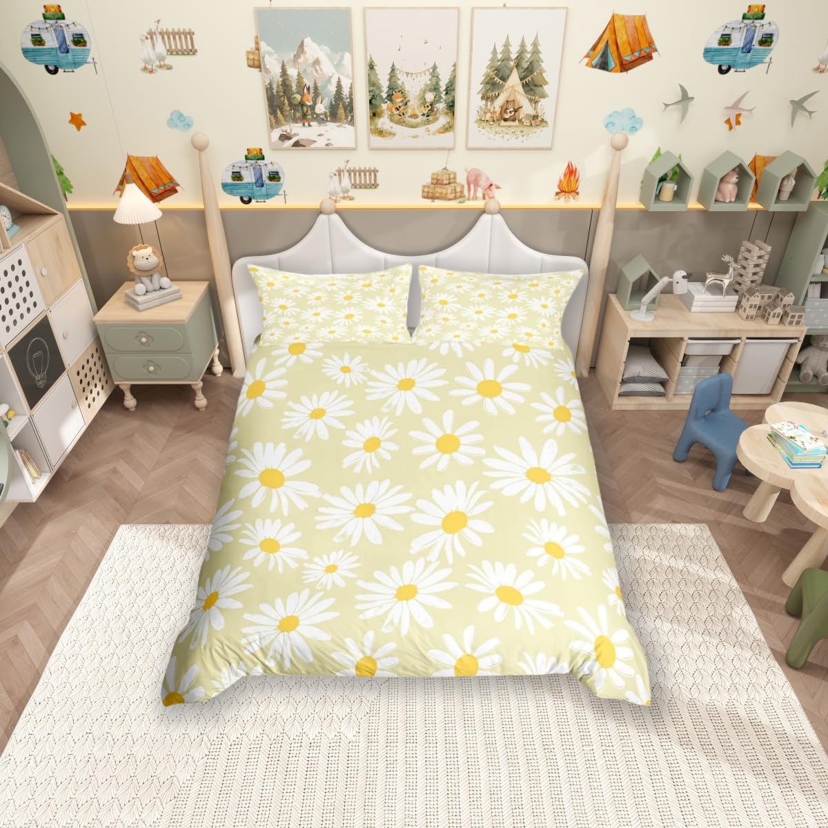 Girls Wildflower Daisy Bedding Set,Yellow Daisy Floral Duvet Cover for Teens,Kids Cartoon Flowers Comforter Cover Decorative Room,Children Country Style Quilt Cover with 2 Pillowcases,Double Size