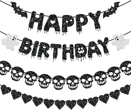 Black Glitter Happy Birthday Banner, Happy Birthday Party Decorations with Heart Skull Garland for Spooky Decorations Scary Theme Supplies