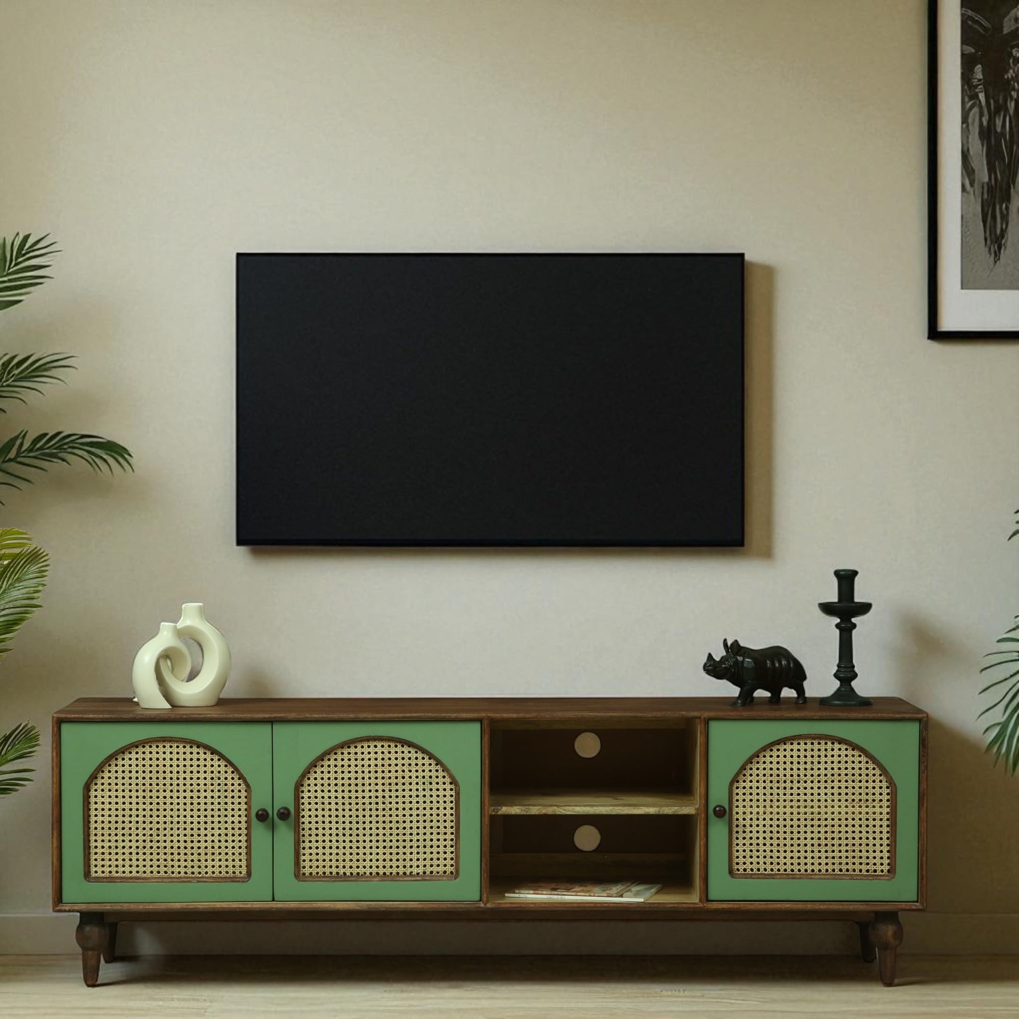 Kraft Bazaar Luffy Solid Wood TV Cabinet | Natural Cane/Rattan Detailing | Solid Wood TV Console | Olive Green & Premium Panther Black Finish-image-43