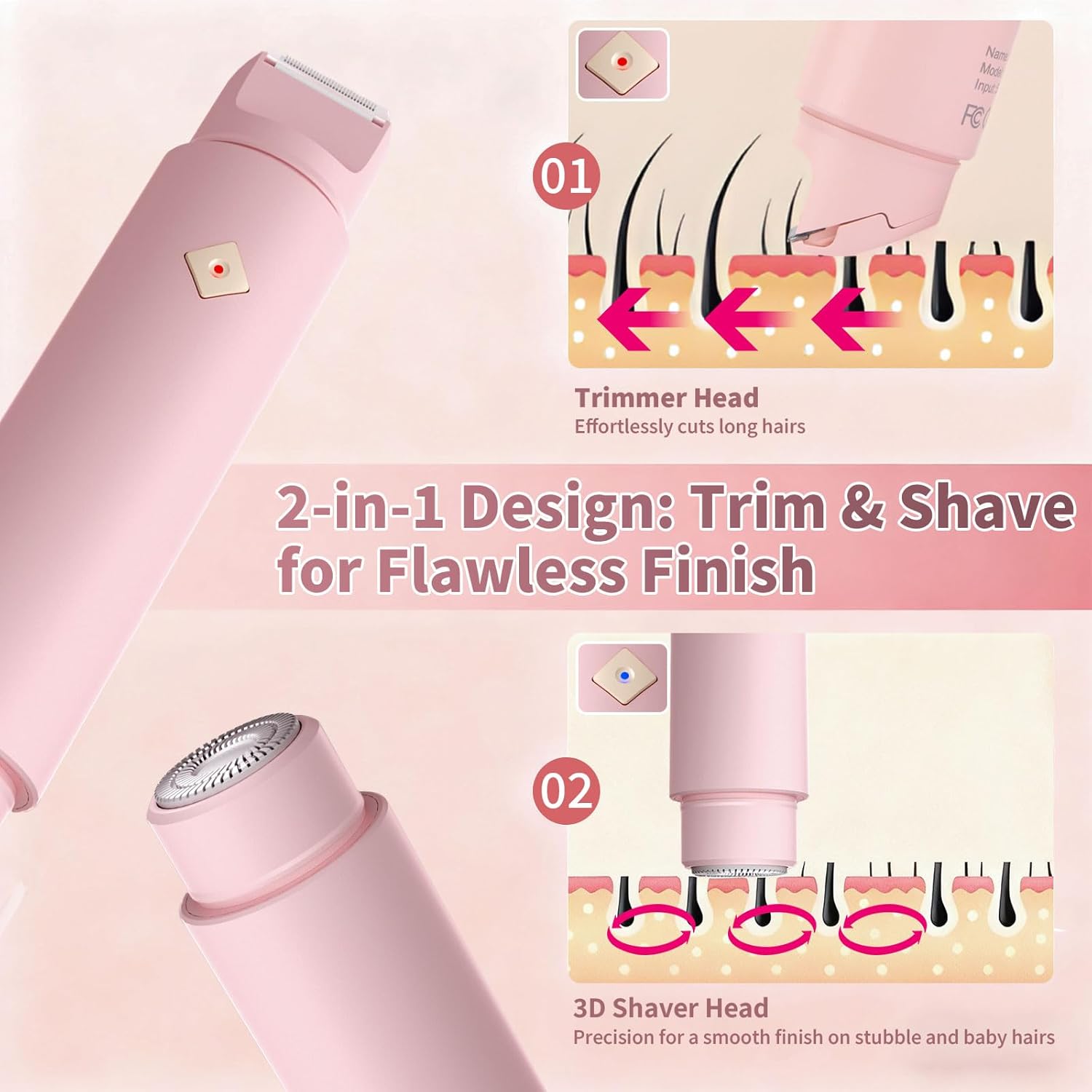 2 in 1 Bikini Trimmer for Women, Painless Waterproof Electric Razors for Women, Dual Head Travel Electric Shaver for Facial Legs Armpits Body Hair Remover, Rechargeable Pubic Hair Trimmer, Pink - Image 5