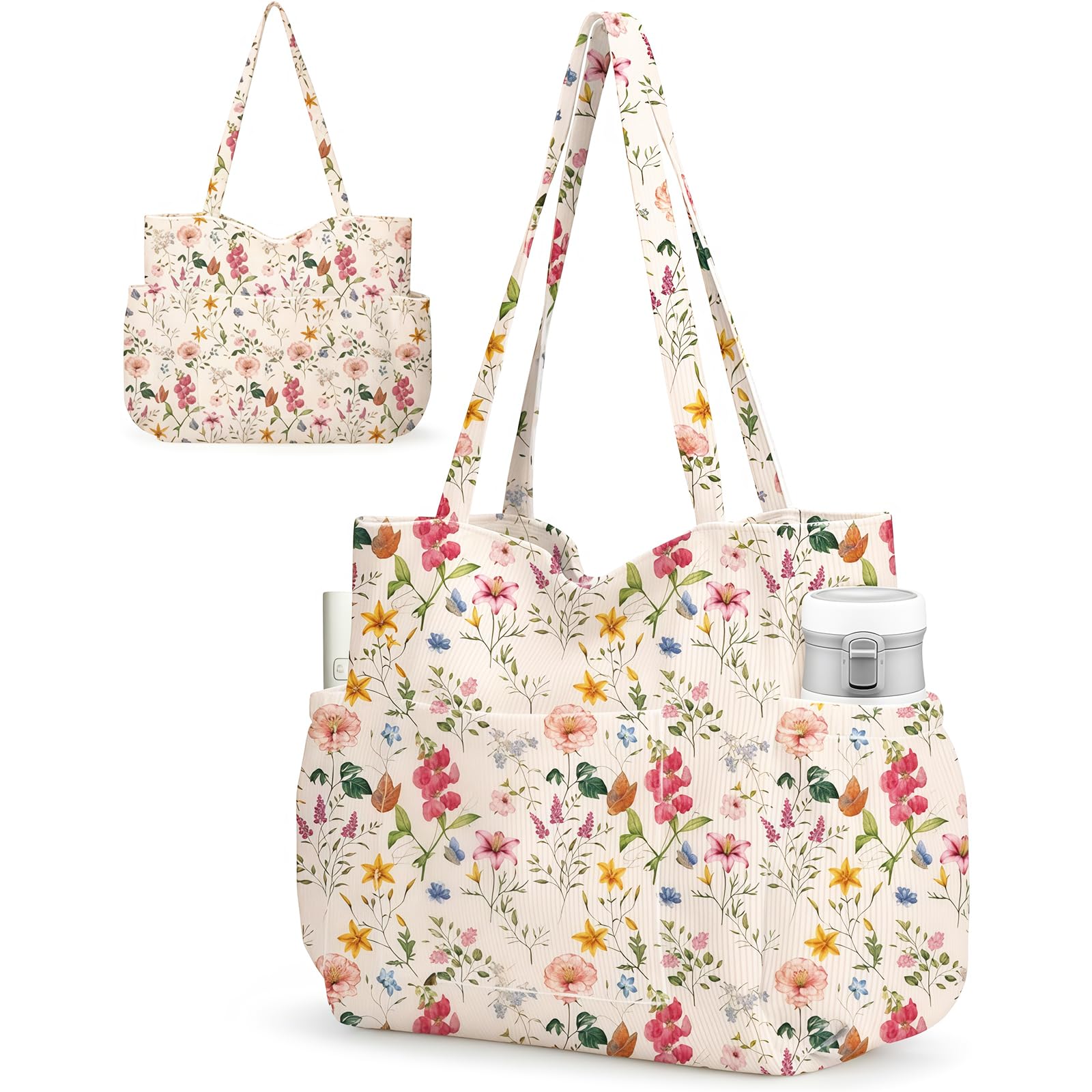 Große Cord Tote Bag Tasche für Damen – Niedliche ästhetische Schultertasche, Wiederverwendbare Canvas Tasche mit Reißverschluss Mehreren Taschen für Arbeit Schule Gym Reisen