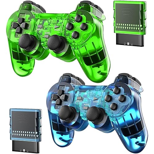 Degulan Wireless Controller Compatible with PS-2 Console, Remote Gamepad for Play 2 (Green and Blue)