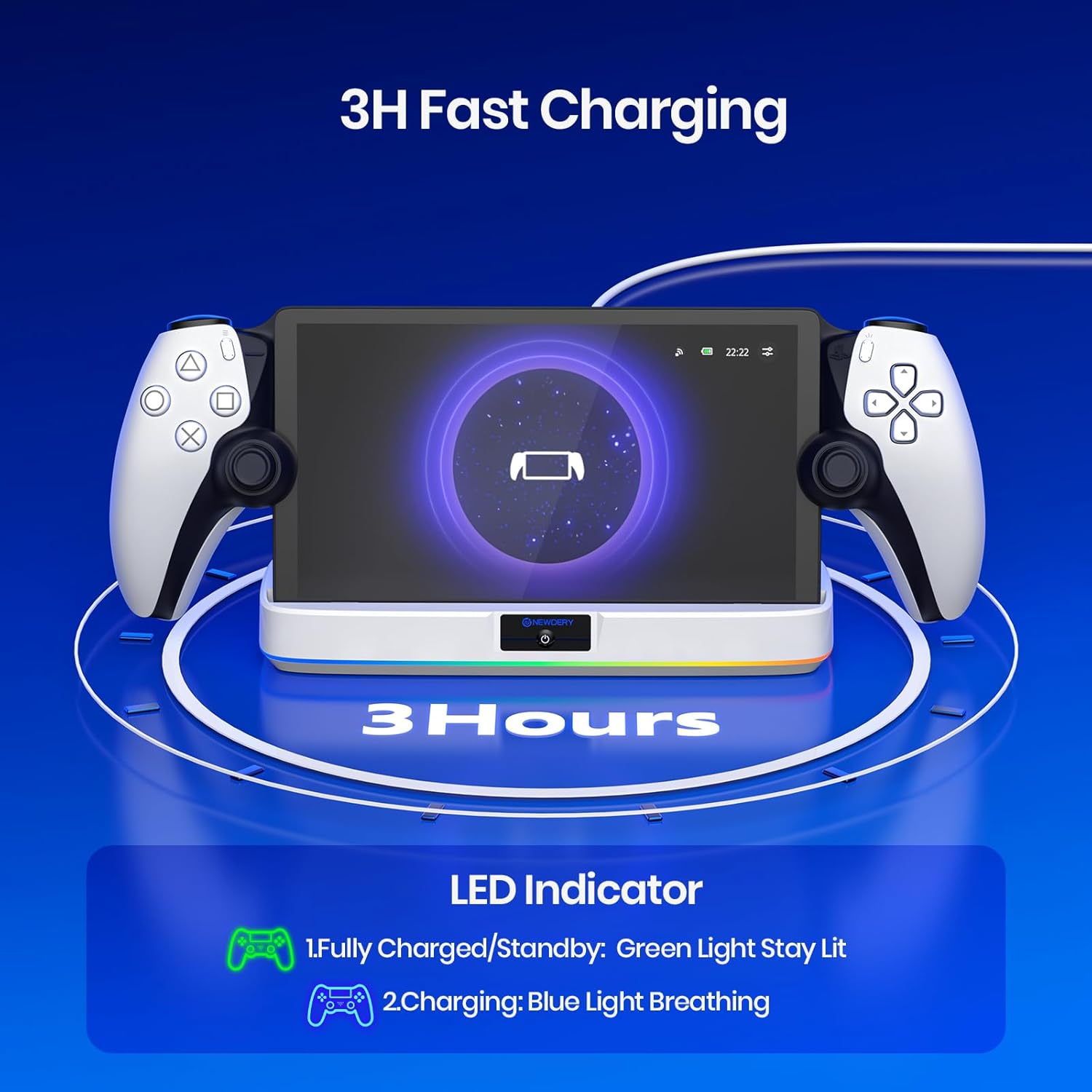 NEWDERY Charger Dock for PS Portal, Portable Charging Station with RGB Light and Type-C Cable, Case-Friendly Magnetic Connector Charging Stand for PlayStation Portal Remote Player - Image 2