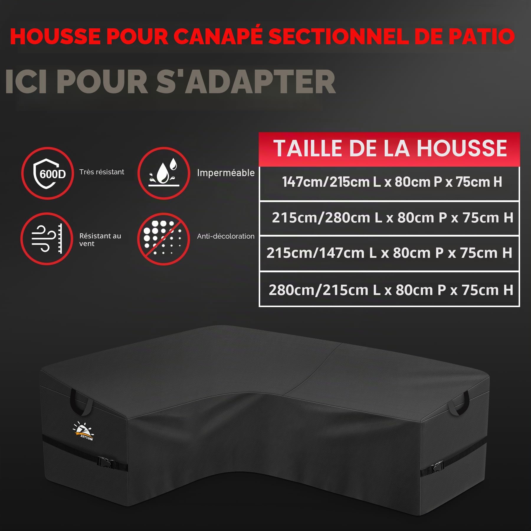 Zettum 147L x 215R x 80W cm Housse salon de jardin exterieur en forme de L pour extérieur – 600D Housse imperméable pour meubles, Housses pour mobilier de jardin, bache salon de jardin