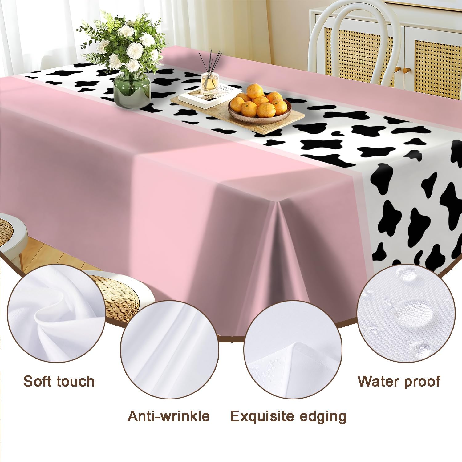 Reusable & Waterproof Rectangular Tablecloths for Kitchens, Parties, Birthdays, Patios, and Outdoor Events Decorations Pink Cow-Patterned Table Cloth,4FT/84 x 60 Inch