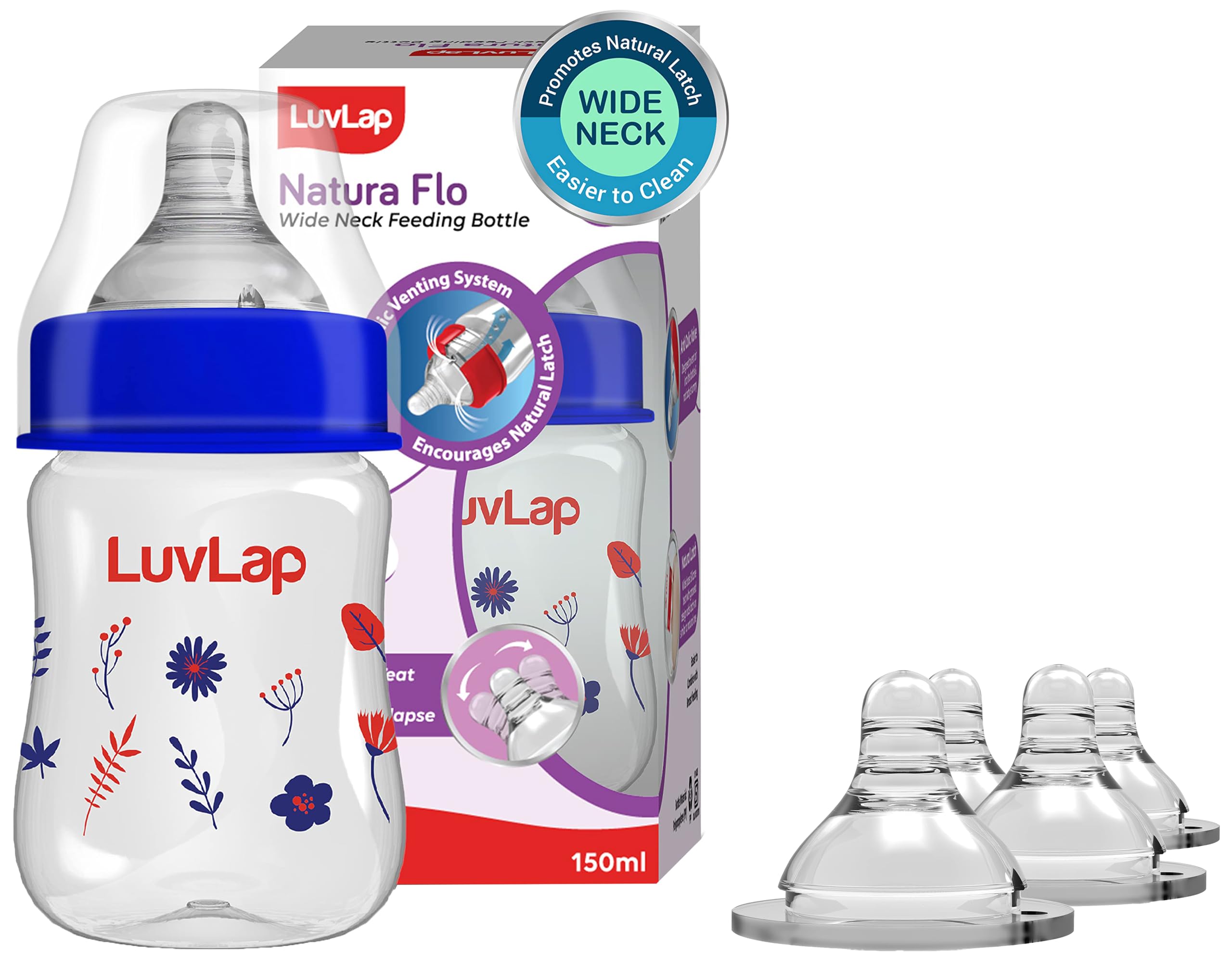 Luvlap Anti-Colic Natura Flo Teat/Nipple for Wide Neck Bottle, 4pcs, Fast Flow, 6m+ & LuvLap N Flo W Neck F Botl, 150ml, Red Blue Floral