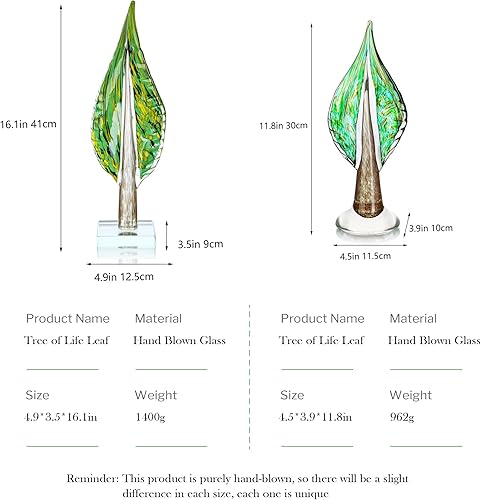 Miniatura 4 de QFkris Escultura de hoja de árbol de la vida de vidrio soplado para decoración del hogar, estatua decorativa de vidrio soplado a mano de 16 pulgadas