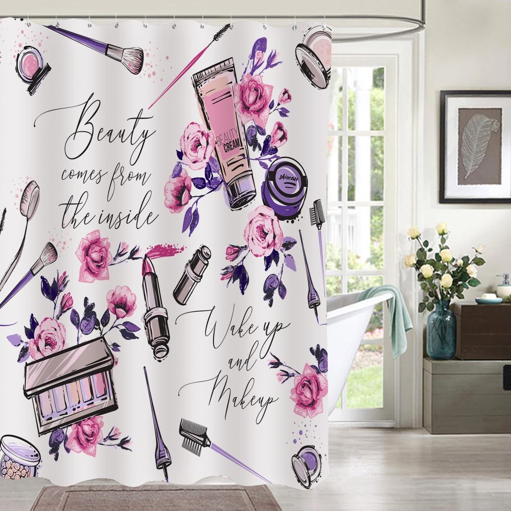 Beauty Salon Shower Curtain Fashion Makeup Party Beauty Scene Women Shower Curtain with Hooks Bathroom Decorative Accessories 72 x 72 inch