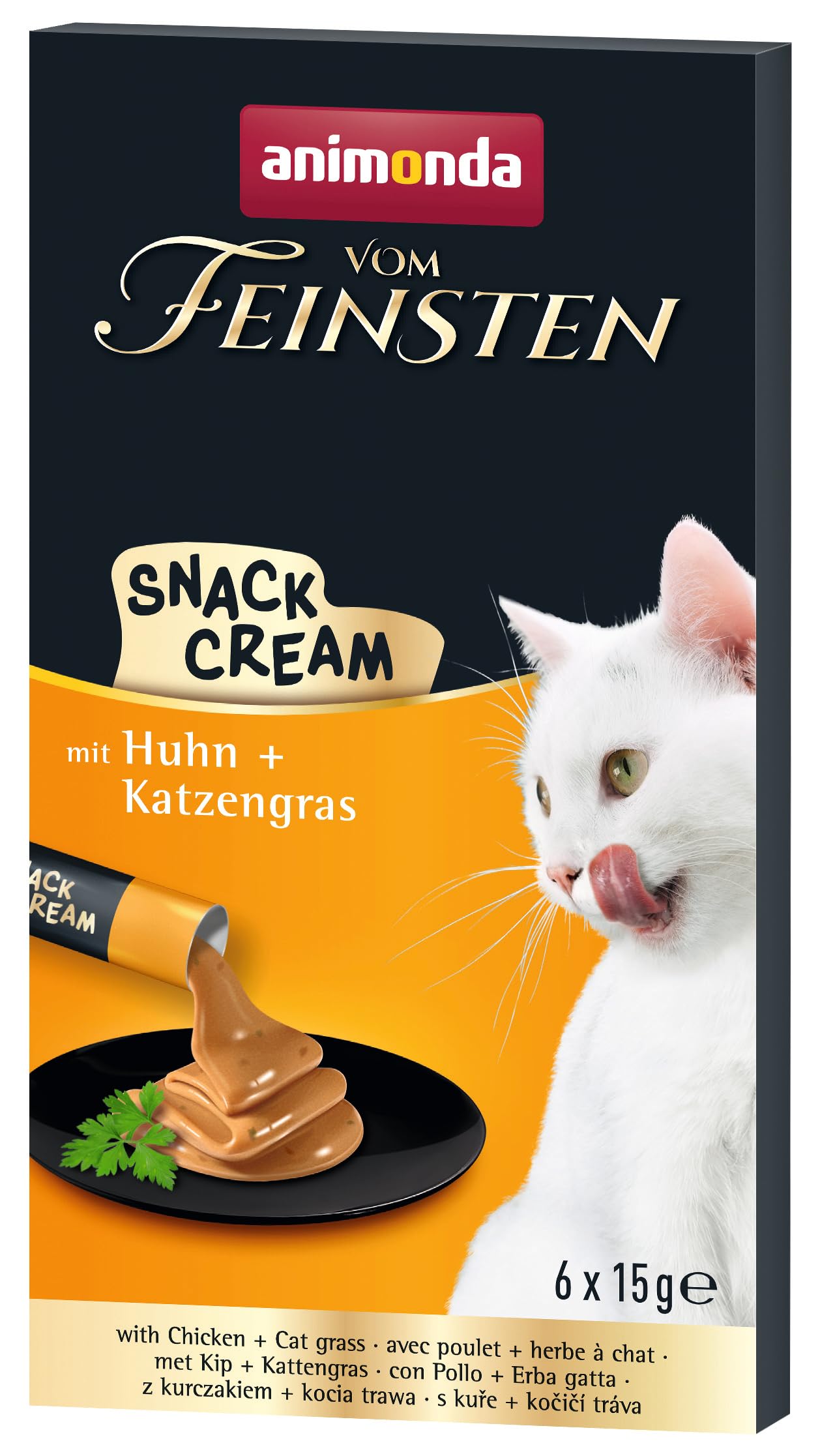 animonda vom Feinsten Katzen Snack Cream (6 x 15g), Köstlicher Katzensnack mit zartem Huhn und nahrhaftem Katzengras in praktischen Frischebeuteln