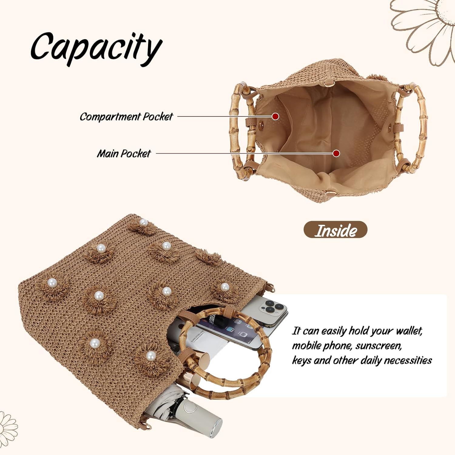 Beach Bags for Women, Summer Beach Woven Bag, Flower Pearls Straw Tote Bag for Summer Vacation