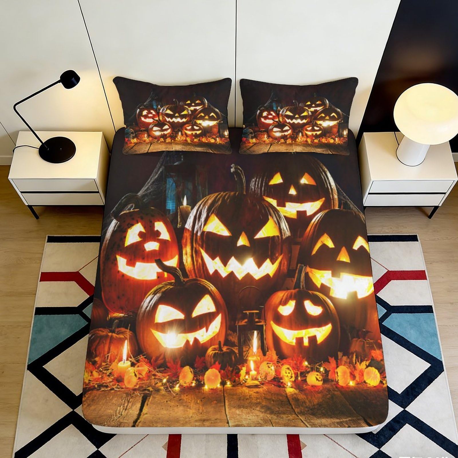 3D Printed Halloween Pumpkin Fitted Sheet Microfiber Deep Pocket Non-Slip Bedroom Bedding Pumpkin Mattress Fitted Cover for Adults Teens 140x200x25cm