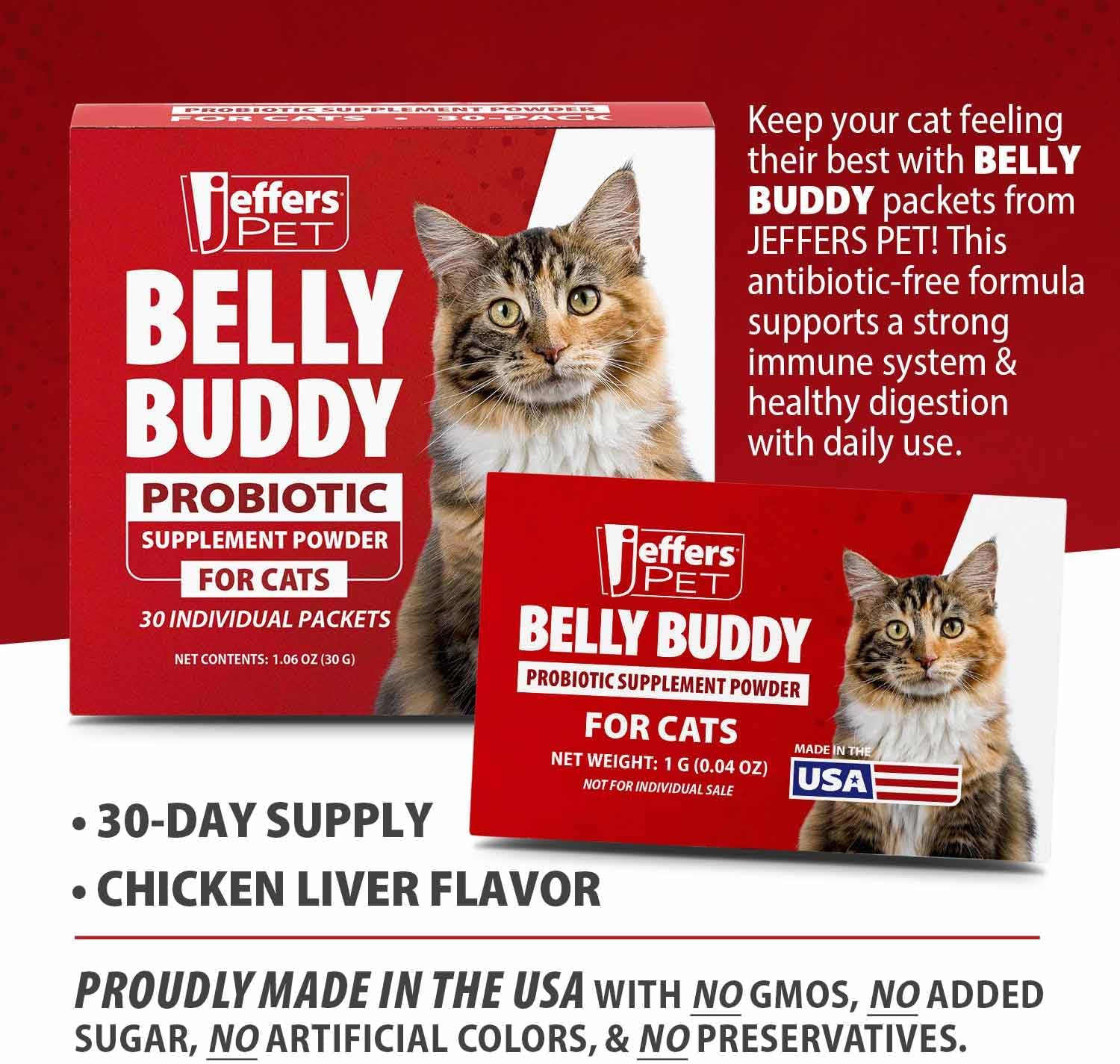 Jeffers Belly Buddy Cat Probiotic Powder Packets, 30 Count – 4 Probiotic Strains for Daily Digestion Support, Gut Health, Prebiotics, Fiber, Vitamins for Kittens & Adult Cats - Chicken Liver Flavor