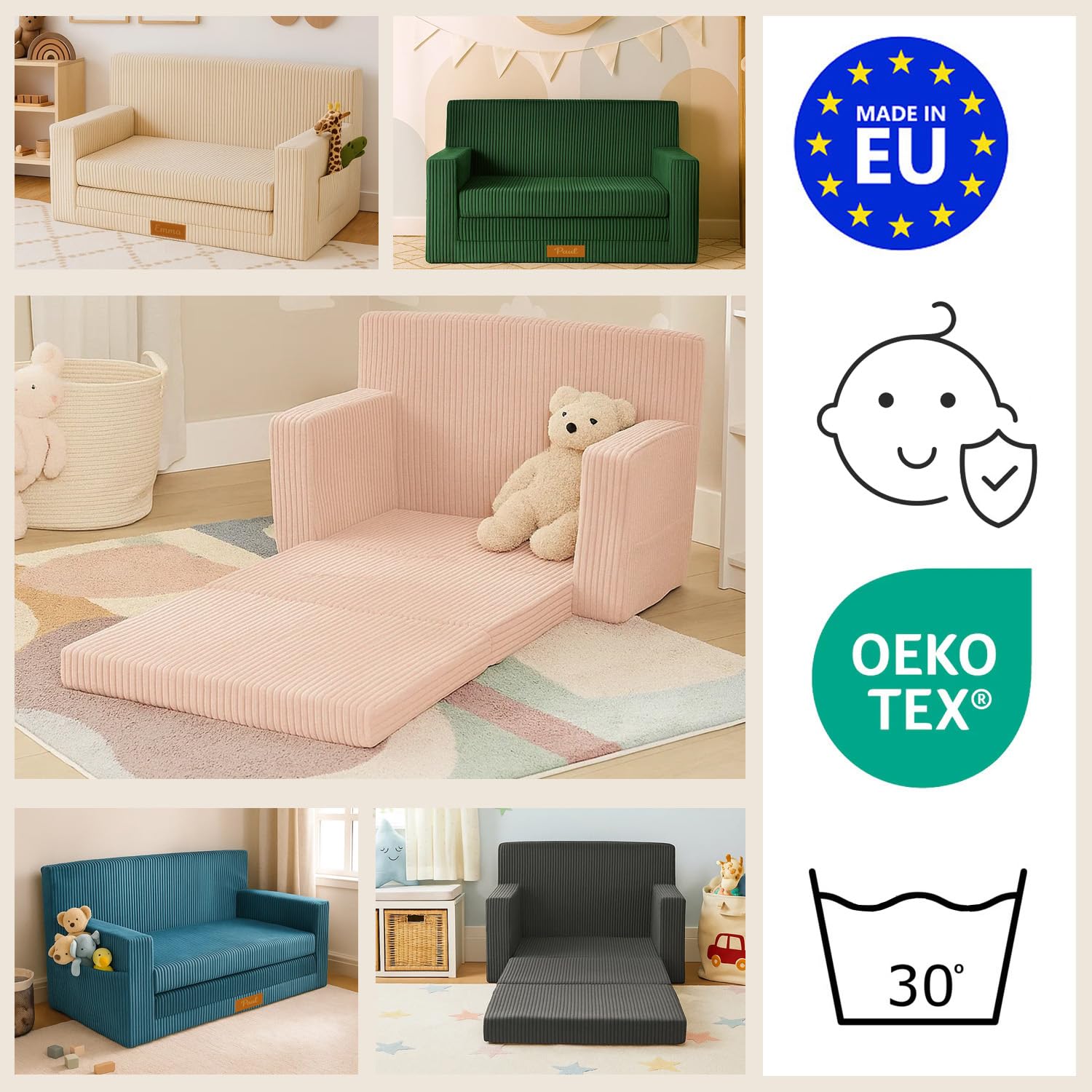 3in1 Kindersofa, Cord Spielsofa, Schlafsofa und Klappsofa, Personalisierbar, EU-Herstellung, (Blau)
