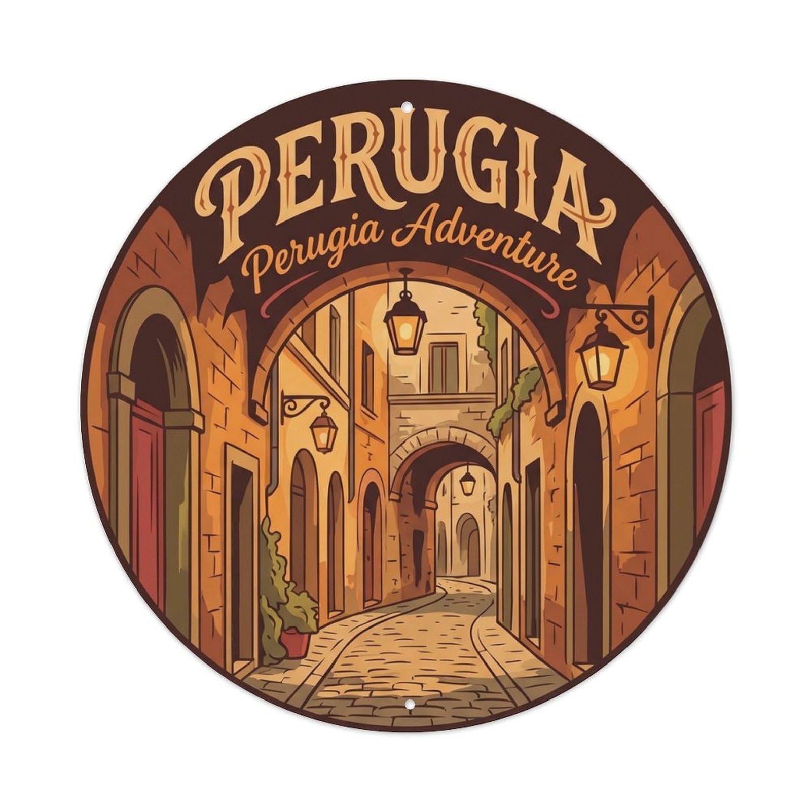 Perugia Landmark Oldtown Monument City Europe Classic Metal Tin Sign Plaque Wall Decor for Cafe, Man Cave, Club Bar, Office, Home Garden Round Metal Poster 8x8Inch