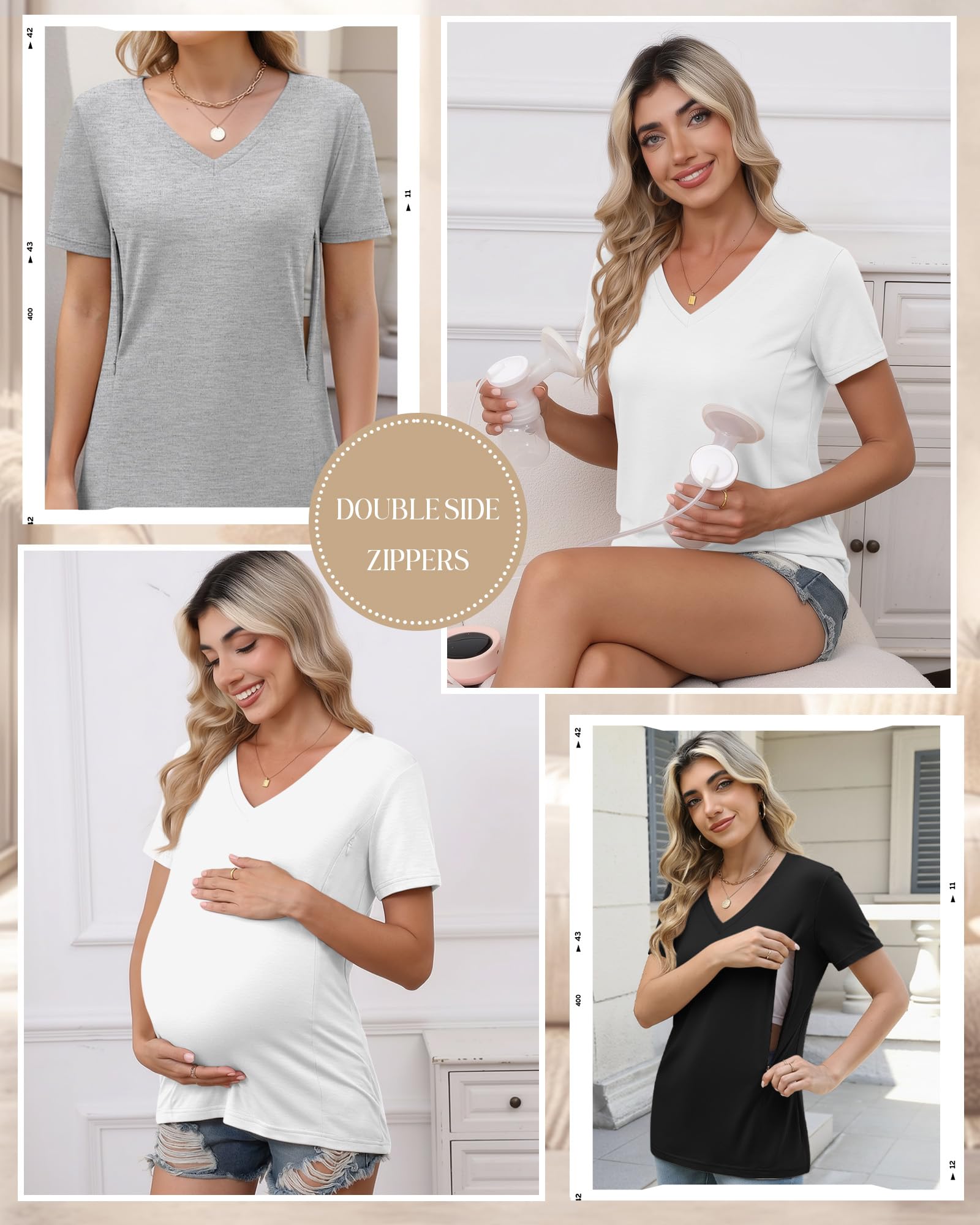 Xuniea 3er Pack Damen Stillshirts, Stilltops mit Verstecktem Reißverschluss zum Stillen & Abpumpen, V-Ausschnitt Kurzarm