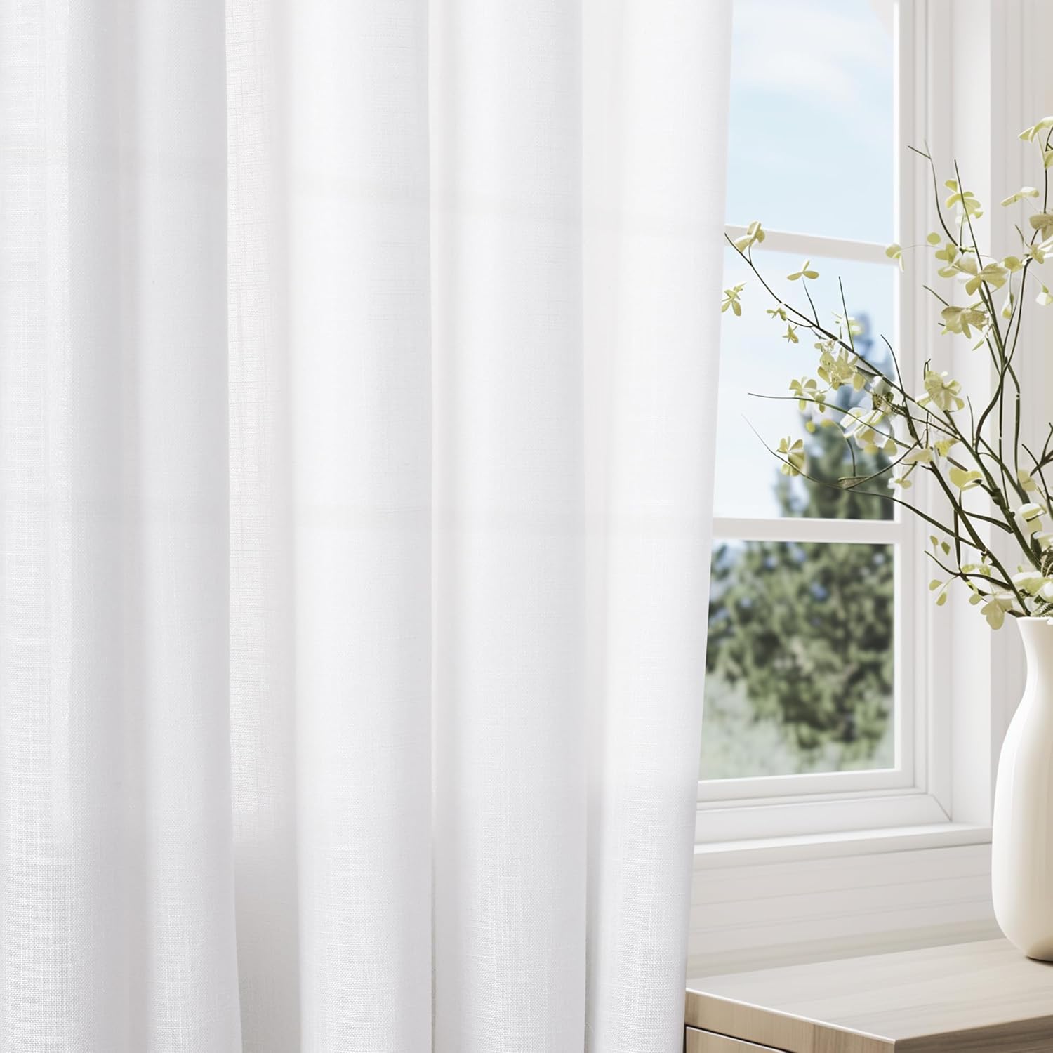 White Linen Curtains 90 Inch Length 2 Panels for Living Room Bedroom, Light Filtering Sheer Curtains 90 Inches, Elegant Modern Grommet Semi Sheer Soft Privacy Drapes