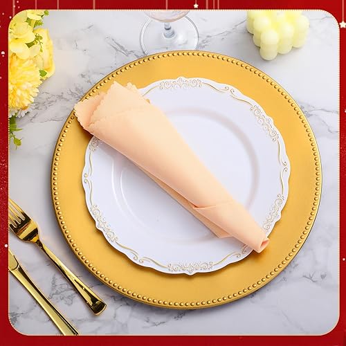 Vista 5 de Gerrii 12 Pcs Metallic Bead Charger Plates 13 Inch Plastic Round Plates Bulk Wedding Beaded Chargers for Table Party Event Decoration(Gold)