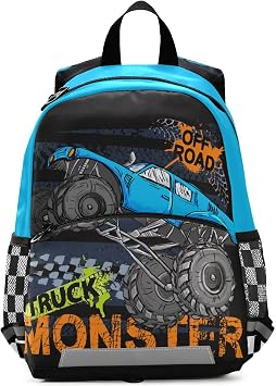 Kids Backpack,Blue Monster Truck Lightweight Preschool Backpack for Toddlers Boys Girls with Chest clip