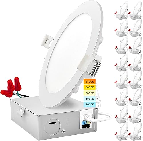 LUXRITE Paquete de 16 luces empotrables LED ultrafinas de 6 pulgadas con caja de conexión, 12 W, temperatura de color seleccionable 2700 K  3000 K