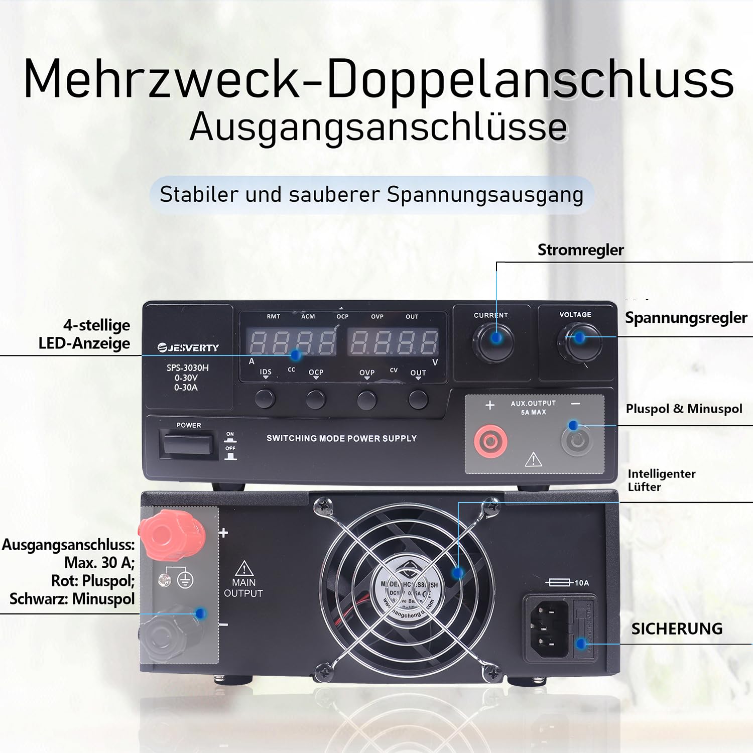Labornetzteil, Jesverty DC-Netzteil Variabel, 0–30V 0–30A 900W Schaltnetzteil mit Encoder-Knopf, Ausgangs-EIN/Aus-Schalter, 4‑stelliger LED-Anzeige, OVP & OCP, Zusatzausgangsanschluss – SPS‑3030H