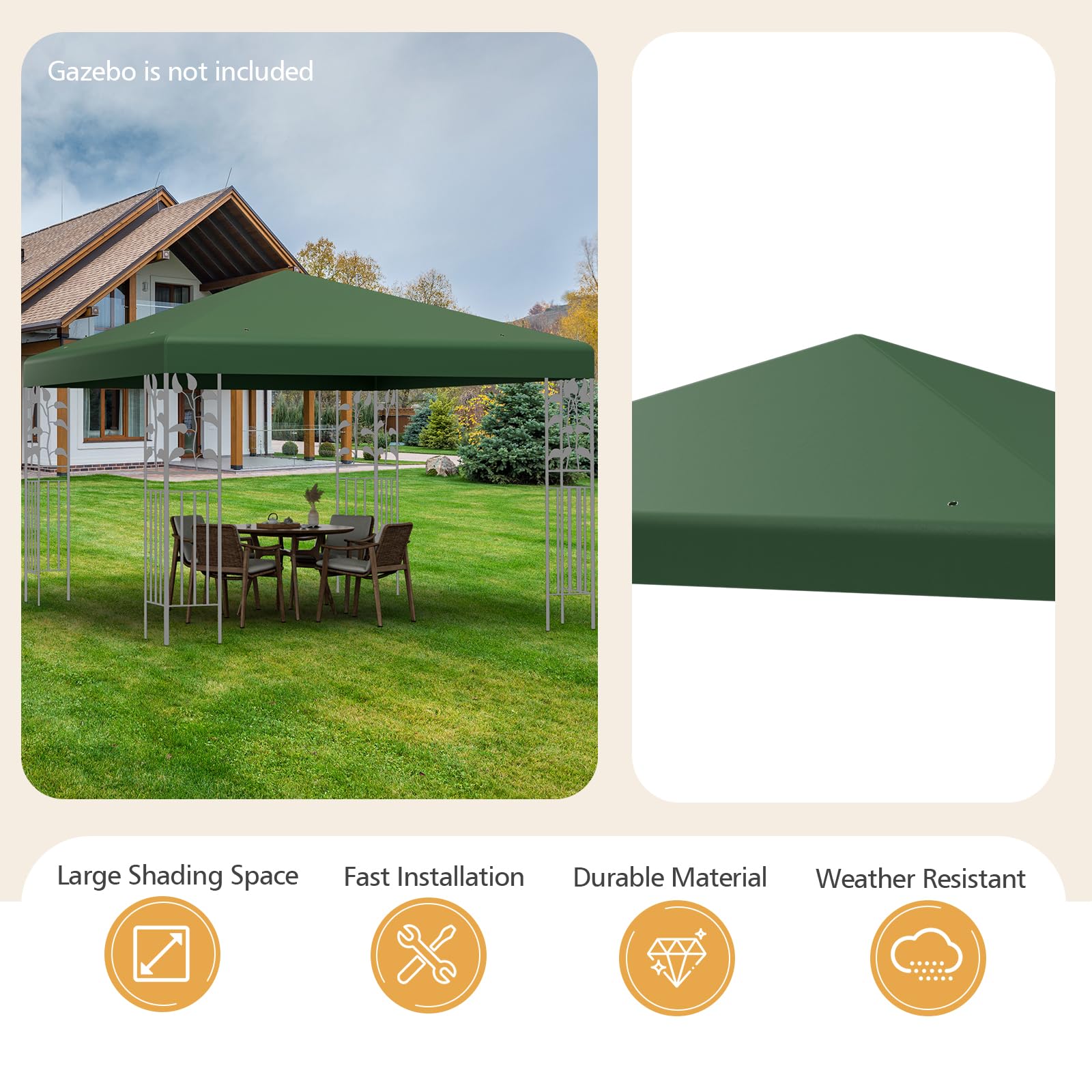 HOMASIS Telo Gazebo 3x3m, Copertura Impermeabile in Poliestere, Tetto Singolo di Ricambio Con Fori di Drenaggio e Chiusure, per Feste, Matrimoni (Verde)
