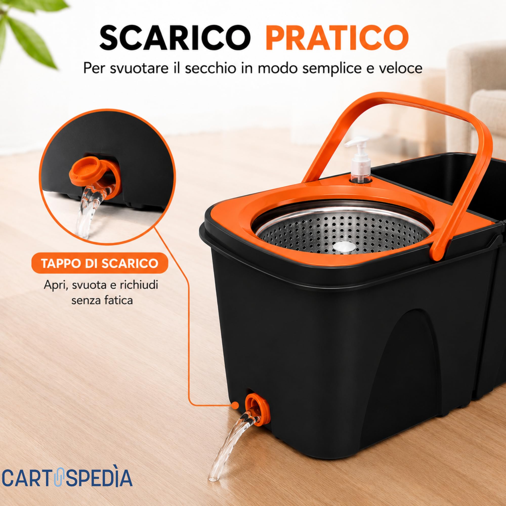 Set Mocio Lavapavimenti Rotante con DOPPIO SECCHIO Lavaggio e Asciugatura - Dispenser Incluso - Manico in Acciaio Inox - Microfibra 360° - Cestello Asciugante Inox - Sistema Salvaspazio per Pulizia